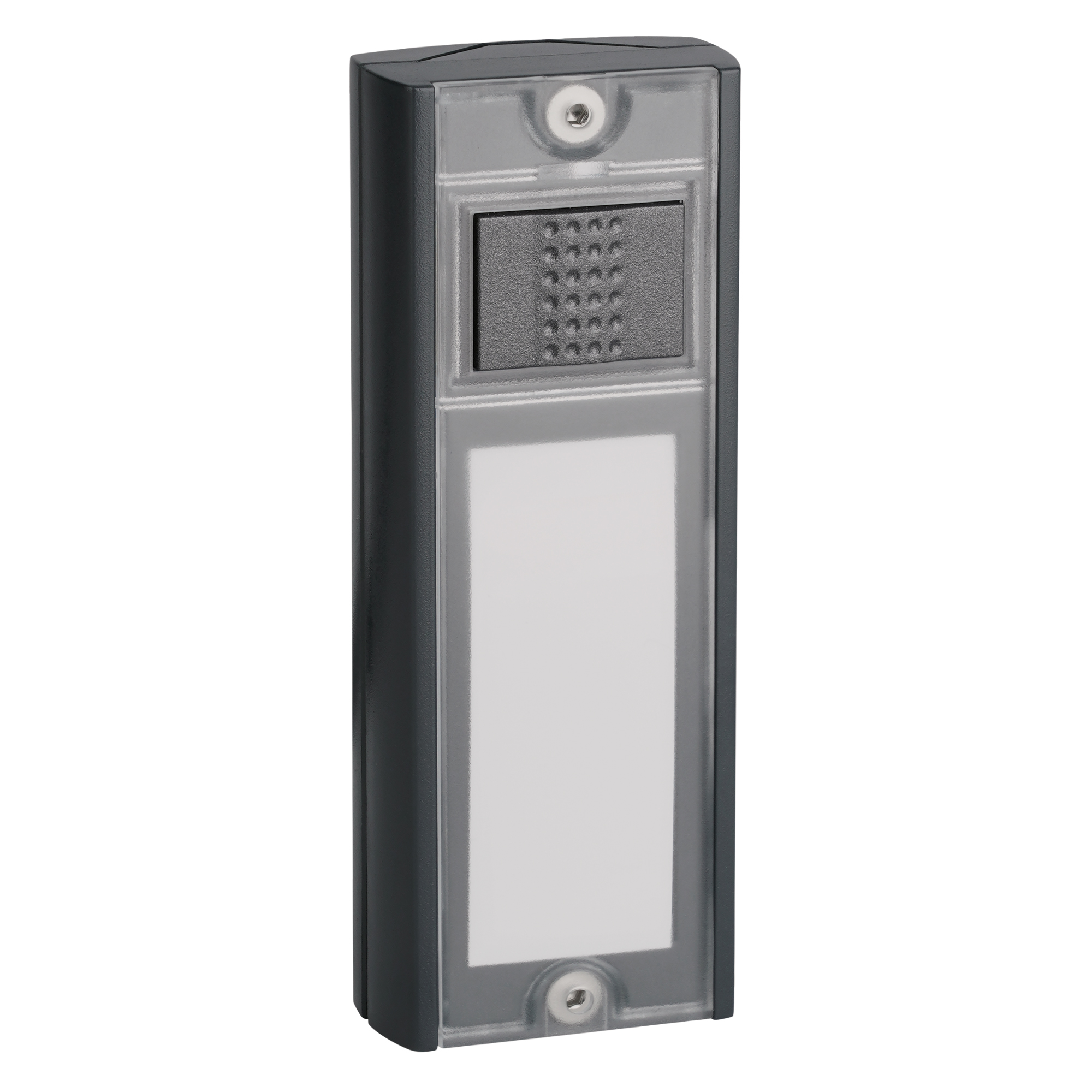 Anthrazitfarbiger Funksender mit grauer Drucktaste und großem Namensschild, leicht schräge Frontalansicht.