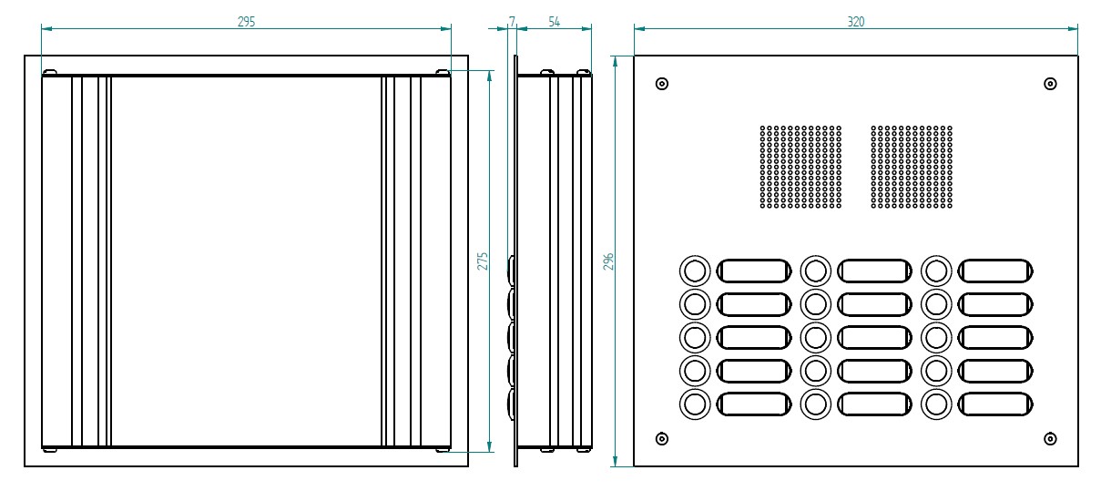 ROBUSTA Aluminium-Türstation mit Namensschildern und Klingelknöpfen in drei Reihen; darüber ist das Lautsprechergitter zu sehen