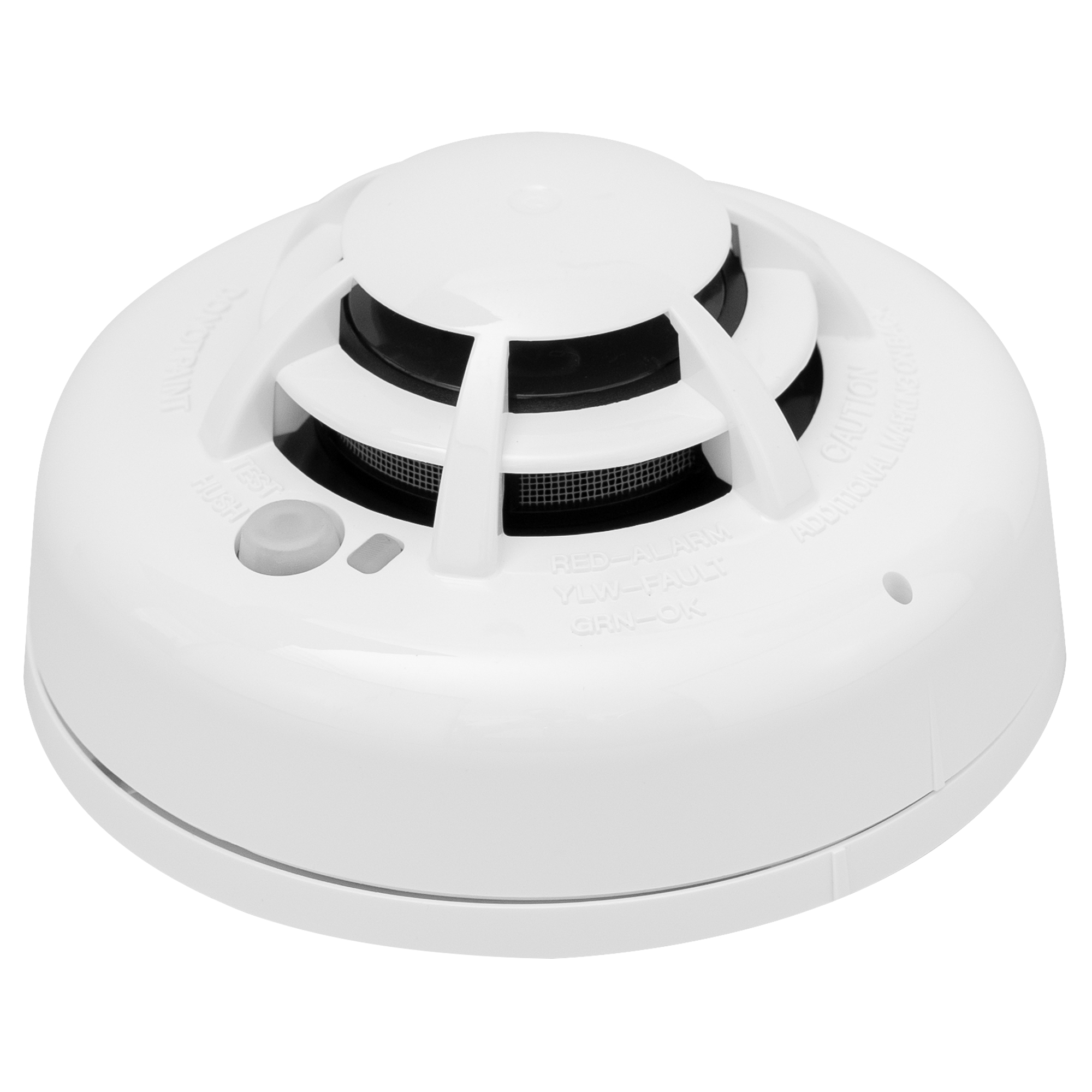 Weißer Funk-Rauchwarnmelder mit zentralem Sensorgitter und seitlichem Testknopf im runden Gehäuse.