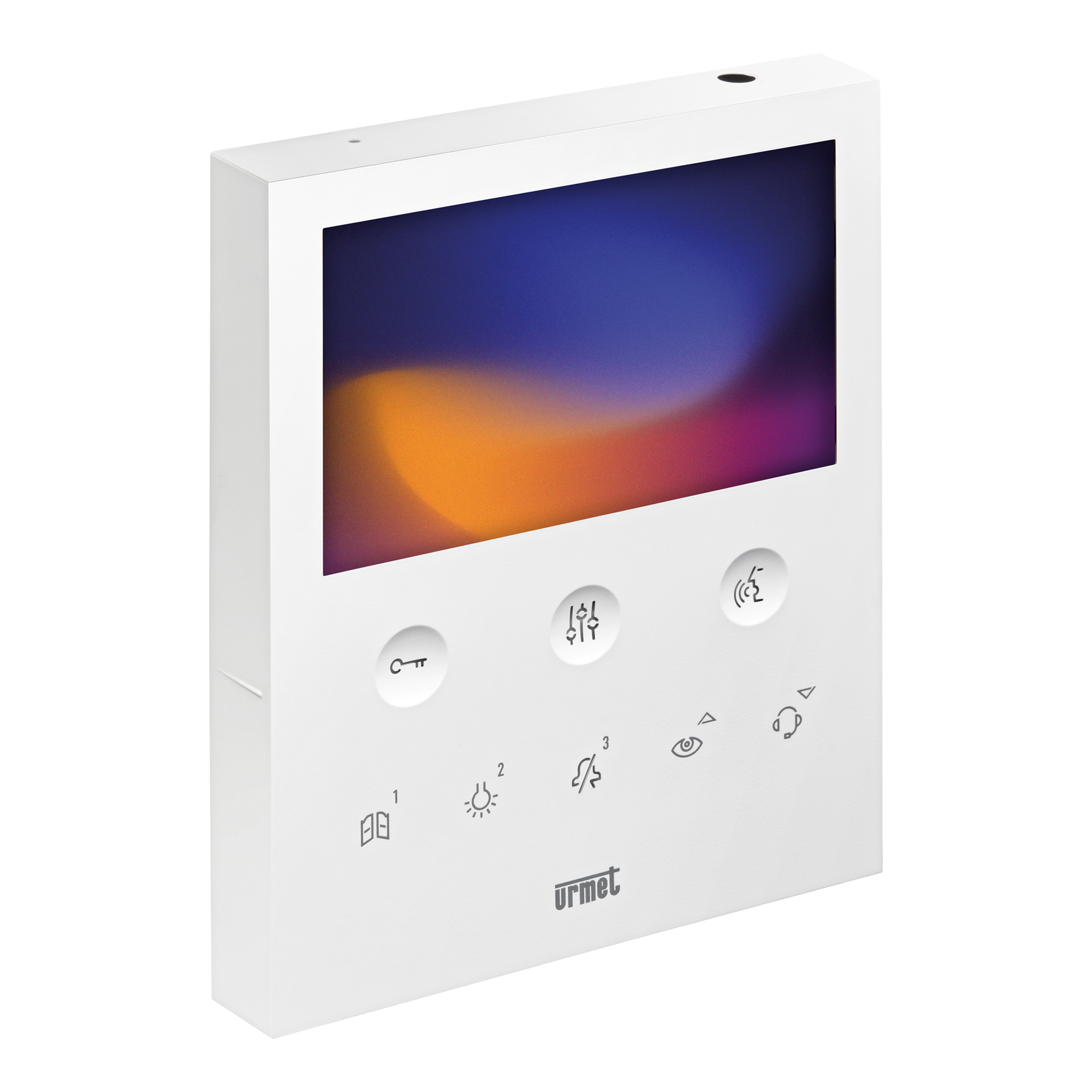 Videomonitor schräg von links, mit Farbdisplay, drei runden Symboltasten, weißem Gehäuse und urmet-Logo.