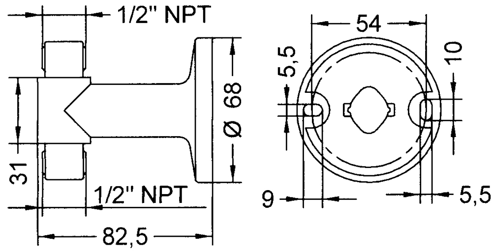 Weißes T-Stück aus Kunststoff mit geriffeltem Mittelteil, zwei seitlichen Gewinden und rundem Sockel zur Boden- oder Wandmontage.