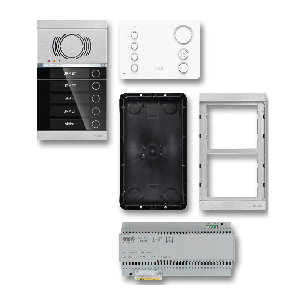 Audio-Sprechanlagen-Set Mehrfamilienhaus mit ALPHA Türstation, MIRO Freisprechtelefon, Adapterrahmen, Unterputzrahmen, Netzgerät