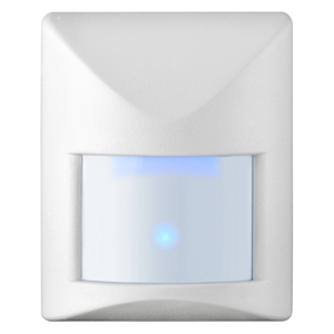 Weißer Bewegungsmelder mit blau leuchtender LED-Anzeige auf der Sensorfläche