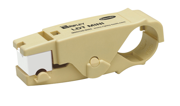 Beiger Abisolierer mit Grifföffnung, Schneideeinheit und aufgedrucktem Logo für Koaxial- und Datenkabel