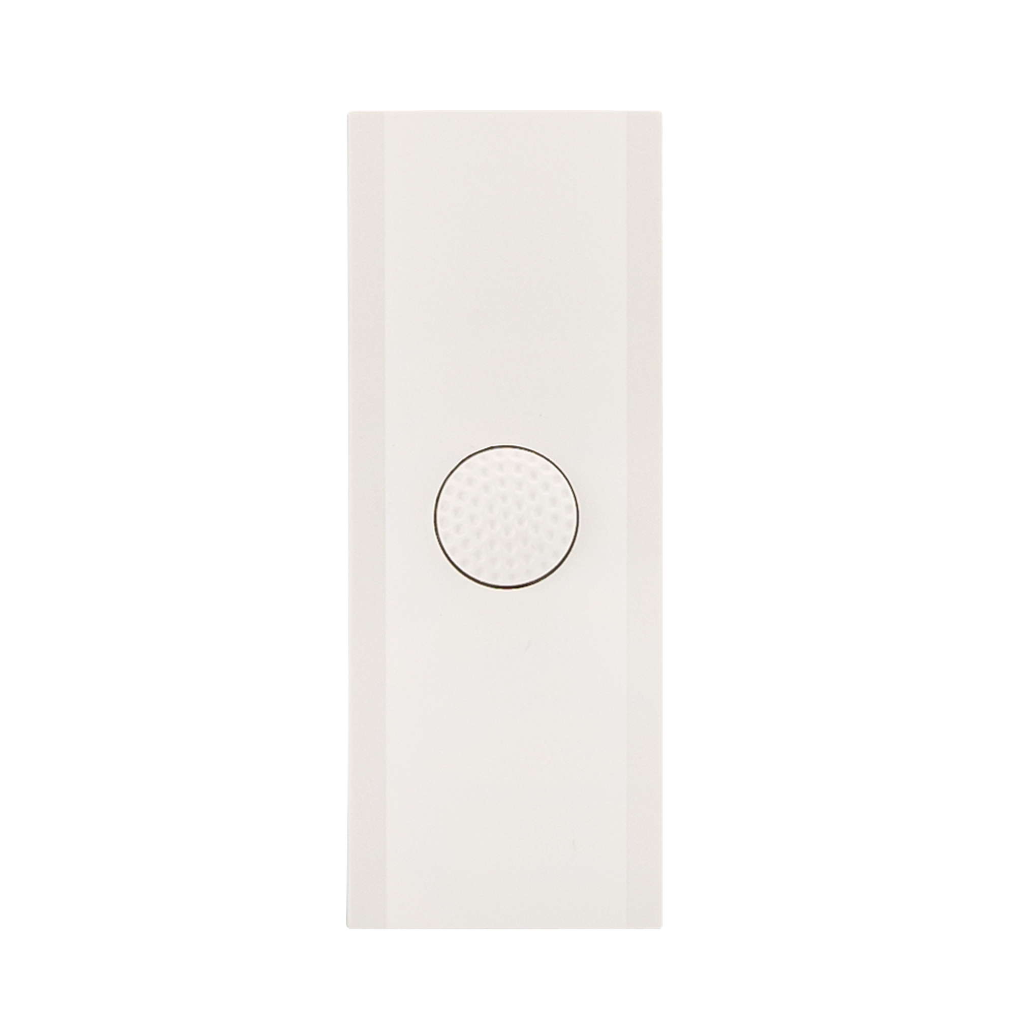 Weißer Klingeltaster mit rechteckigem Gehäuse und geriffeltem Rundknopf, Vorderansicht frontal aufgenommen.