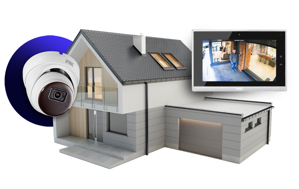 Grafik von Haus mit Videoüberwachungskamera links und Videomonitor rechts