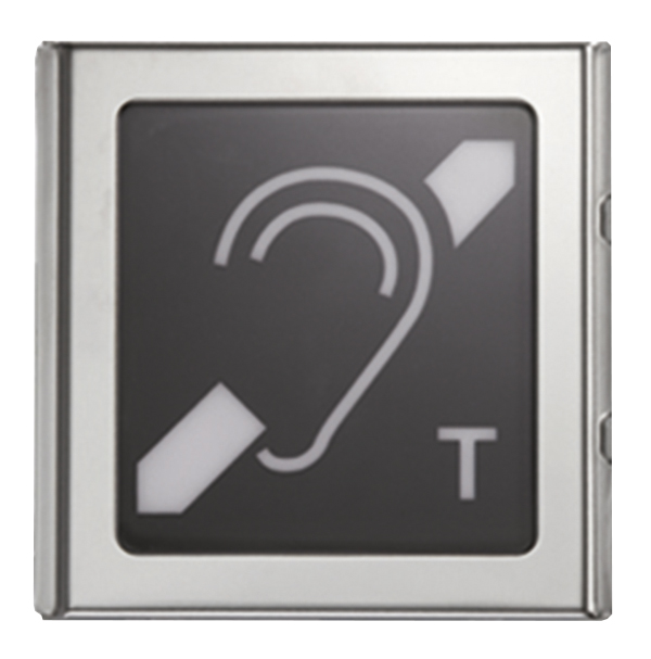 Quadratisches silbernes Modul mit schwarzer Front und grauem Hörgerätesymbol sowie großem Buchstaben T.