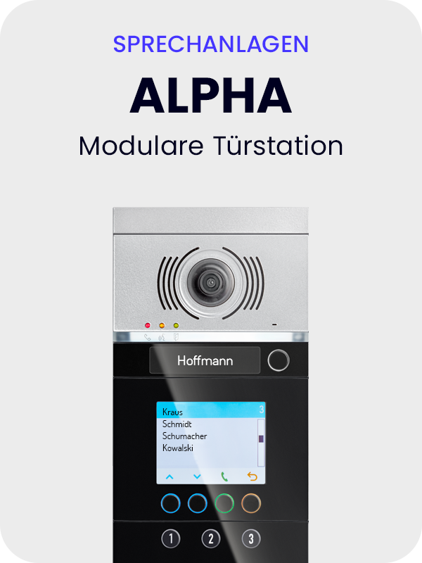 Graue Fläche mit Schrift und Abbildung ALPHA Sprechanlage
