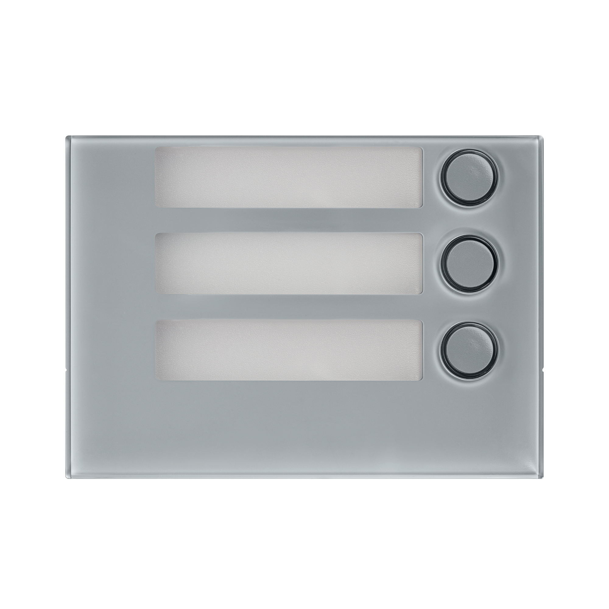 Graues Türstationsmodul mit drei rechteckigen Namensschildern und rundem Klingeltastern rechts oben für klare Bedienung.