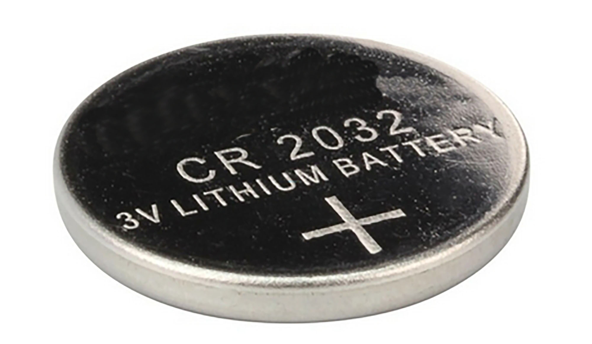 Runde Knopfzelle mit Aufdruck „CR2032 3V Lithium Battery“, metallisch glänzend mit Pluspol-Markierung.
