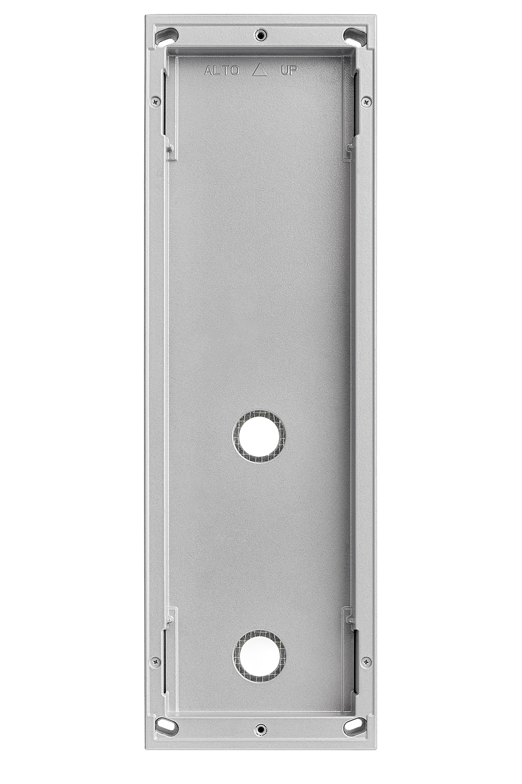 Graues Aufputzgehäuse für vier Moduleinheiten, rechteckige Form mit zwei Kabelöffnungen und vier Befestigungspunkten.