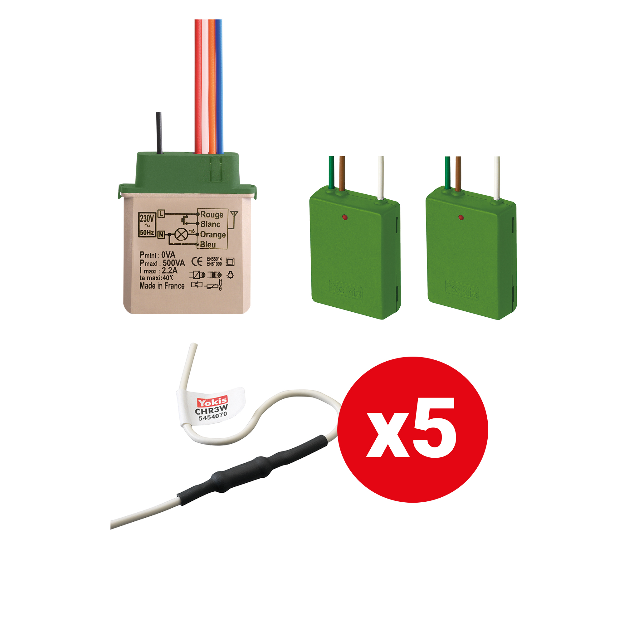 Yokis Funk-Dimmer-Set mit Dimmermodul, zwei Funkempfängern und fünf Verbindungskabeln.