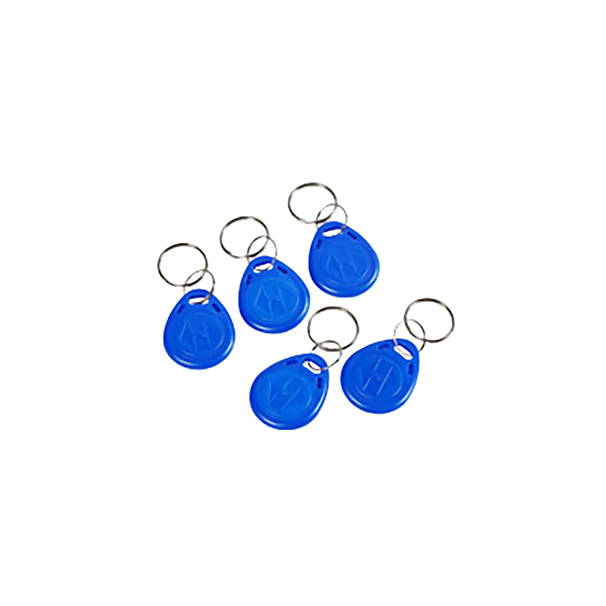 Fünf blaue RFID-Schlüsselanhänger mit Metallschlüsselanhängerringen, ovaler Form, schräg von oben fotografiert.