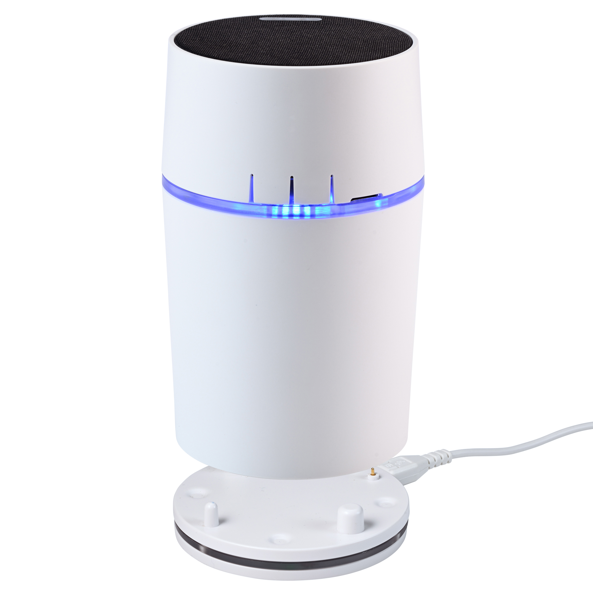 Zylindrischer Funkgong mit blauem LED-Lichtring auf rundem Tischadapter mit micro USB-Kabel, frontal leicht von oben gezeigt.