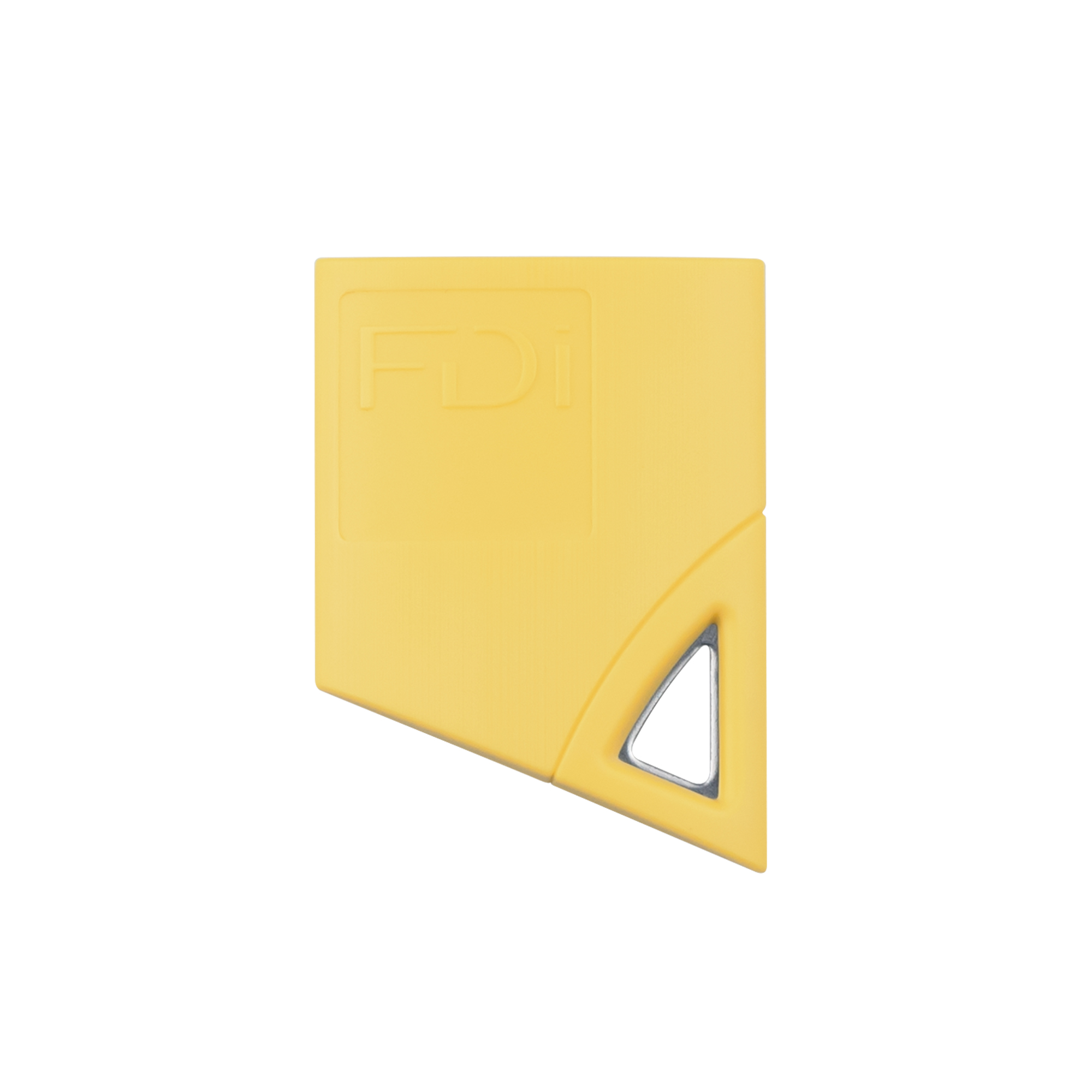 Gelber FDI-Näherungsschlüssel in kompakter, abgeschrägter Form mit eingeprägtem Logo und kleiner silberner Metallöse.