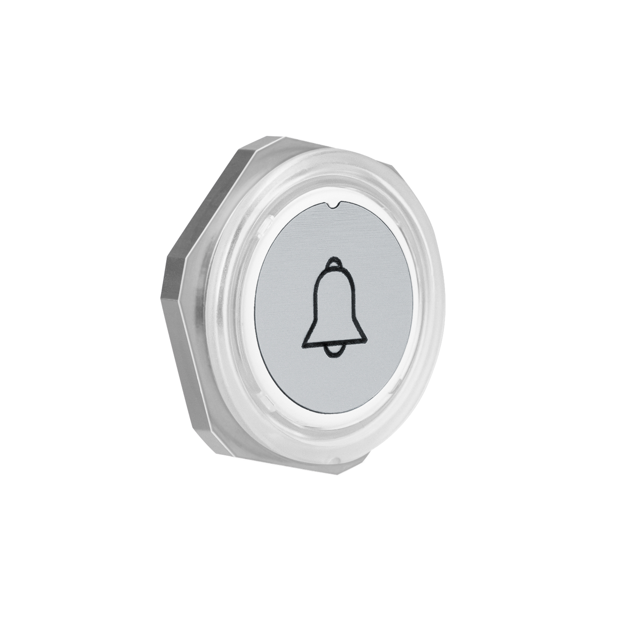 Runder Funksender mit Glockensymbol auf silberner Taste, transparente Abdeckung, seitlich leicht geneigte Ansicht.