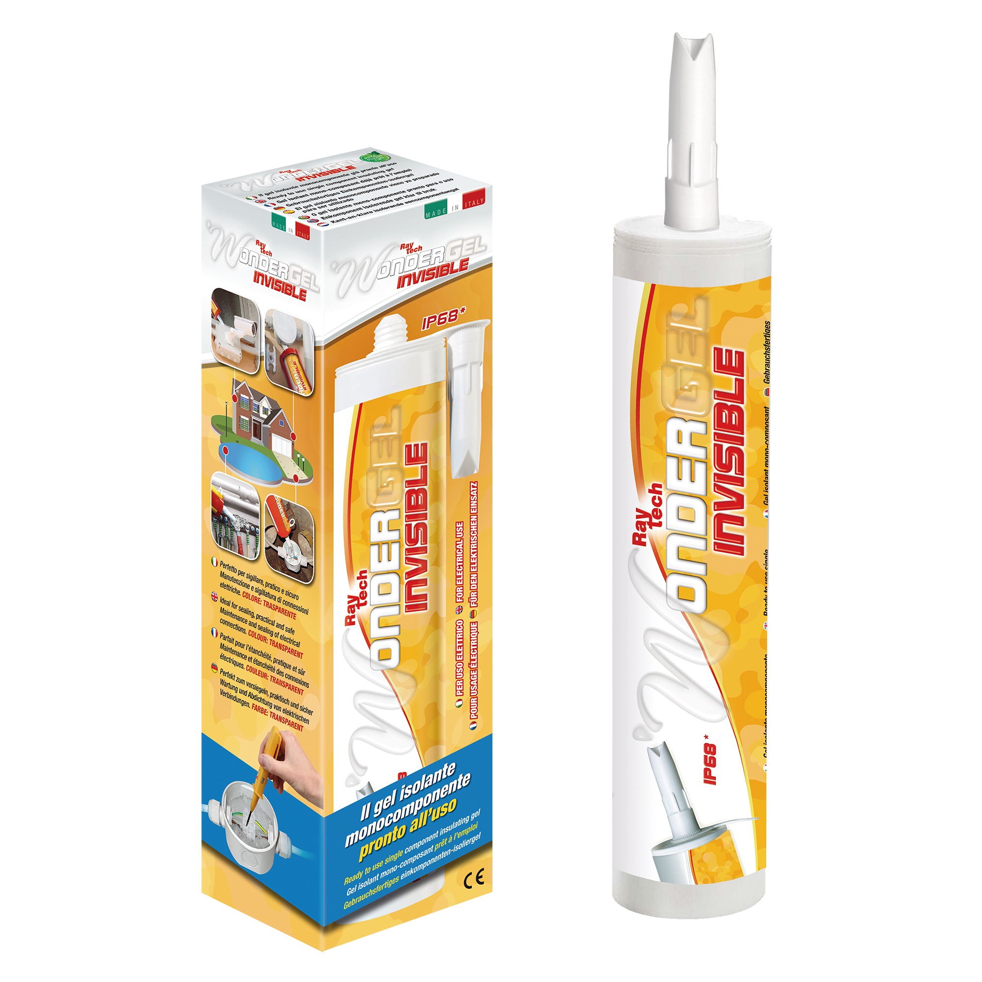 Kartusche Wondergel steht aufrecht neben der Wondergel-Verpackung