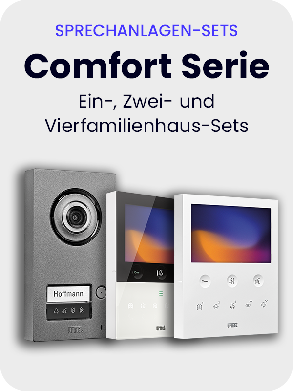 Graue Fläche mit Schrift und Abbildung MIKRA Türstation und VOG 5 und 5W Monitore