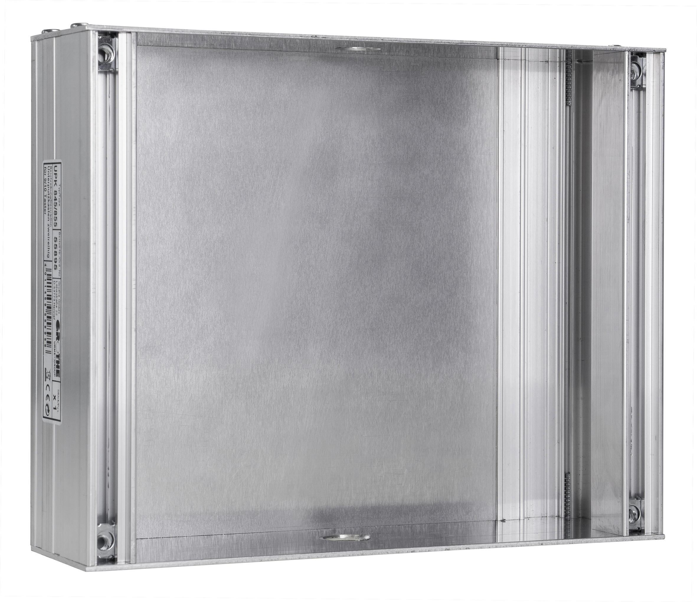 Großer Unterputzkasten aus Aluminium mit geschlossener Rückwand, seitlichem Etikett und Sicht von schräg vorn.