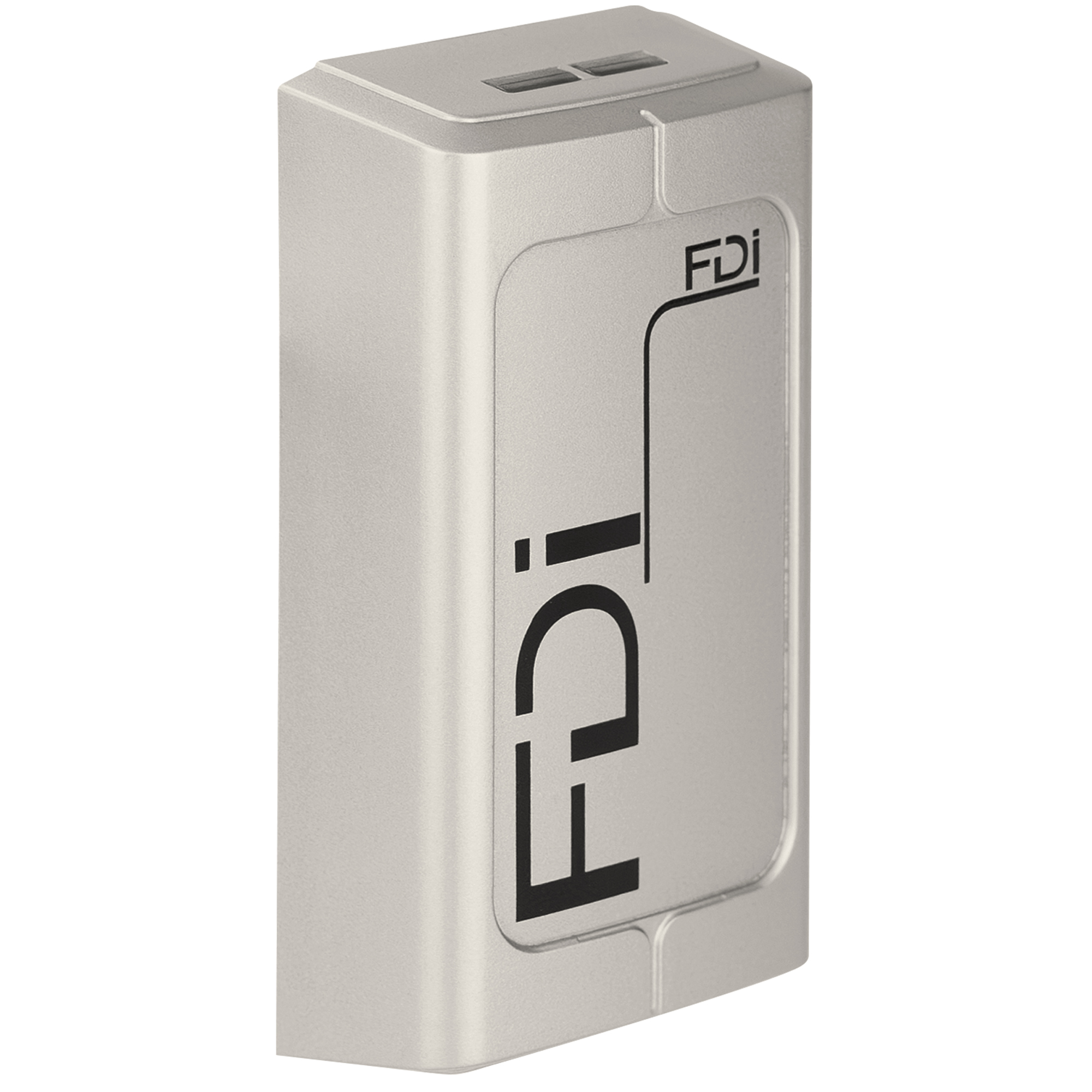 Rechteckiges silbernes FDI-Lesegerät mit schwarzem Logo, glatter Oberfläche und abgerundeten Gehäusekanten.
