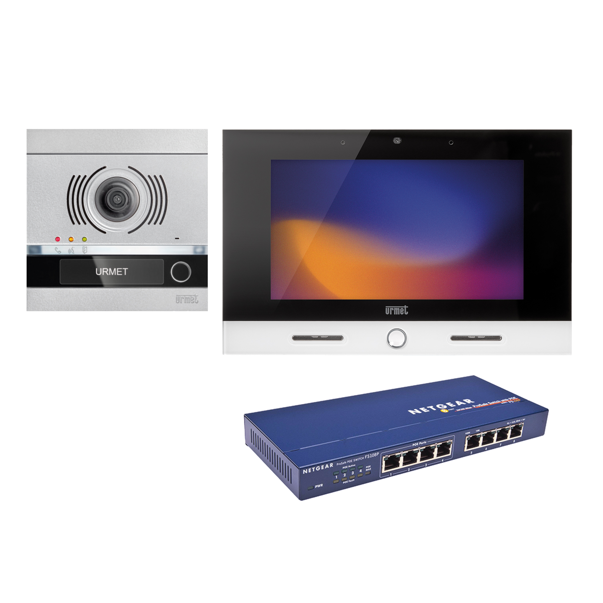 Set mit silberner Türstation mit Kamera und Klingeltaste, weiß-schwarzem Videomonitor mit Display sowie blauem Netzwerk-Switch.