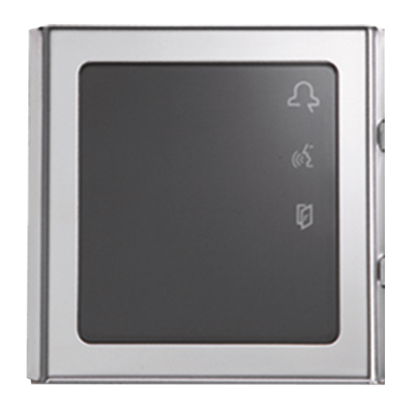 Quadratisches silbernes Sprachmodul, schwarzer Front und drei LED-Symbole: rote Glocke, gelbes Mikrofon, grünes Türsymbol.
