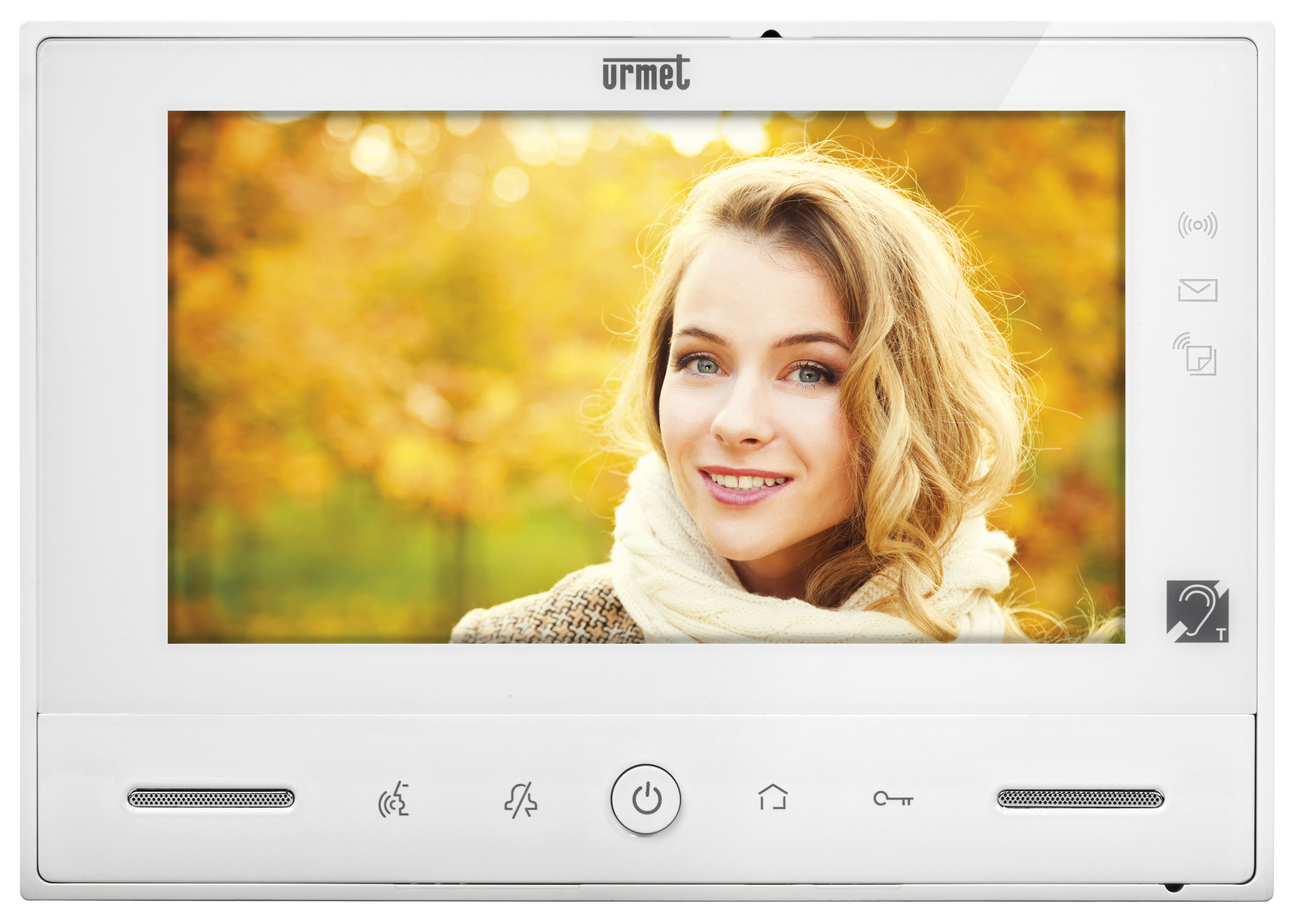 Weißer Video-Freisprechmonitor mit großem Farbdisplay, Bedientasten, Lautsprechern und Hörgerätekompatibilität rechts unten.
