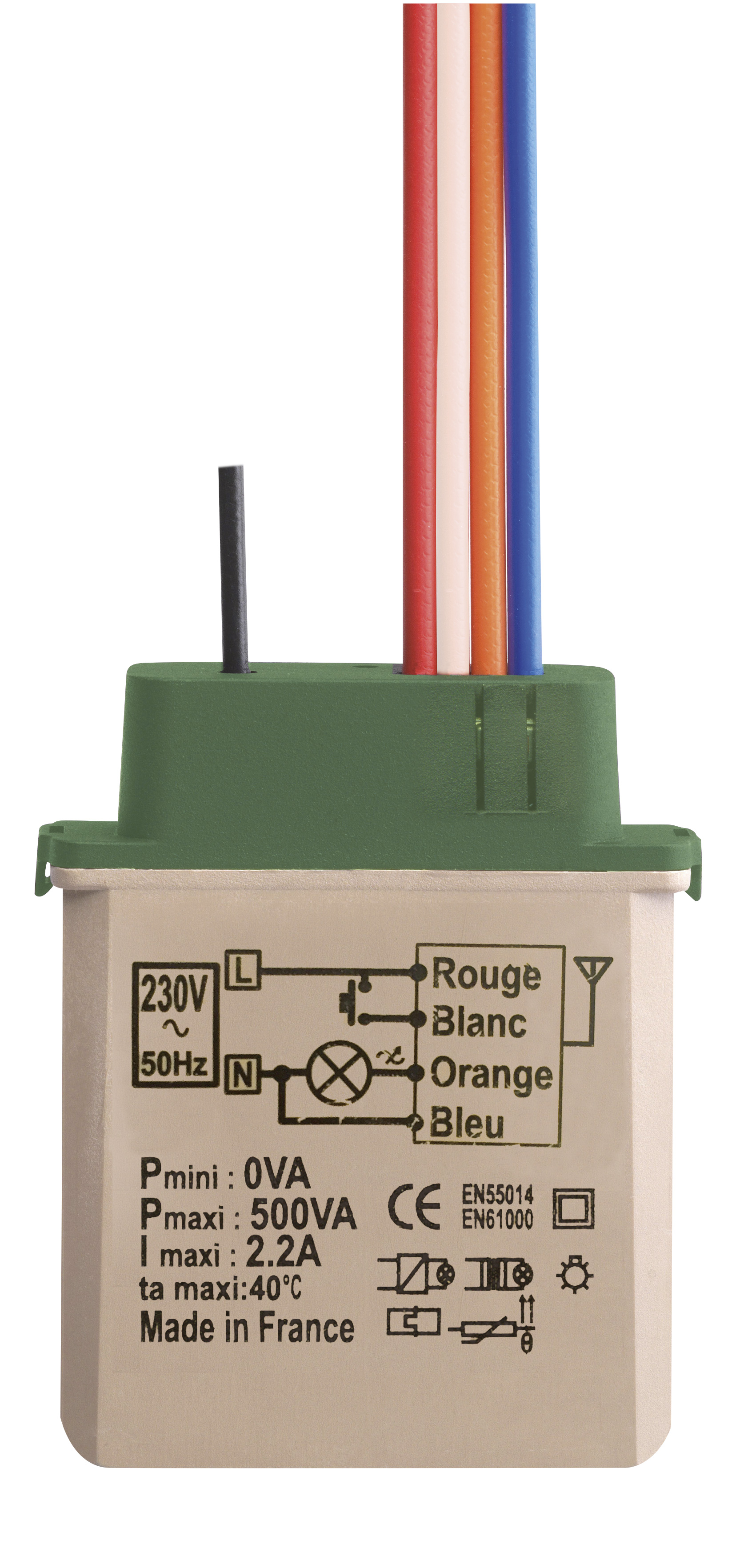 Rechteckiger Funk-Dimmer mit fünf farbigen Anschlusskabeln und Bedruckung zur Verdrahtung auf der Vorderseite