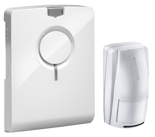 Funkgong mit weißer Front und ringförmiger Lautsprecheröffnung, daneben weißer Bewegungsmelder, leicht schräge Frontalansicht.