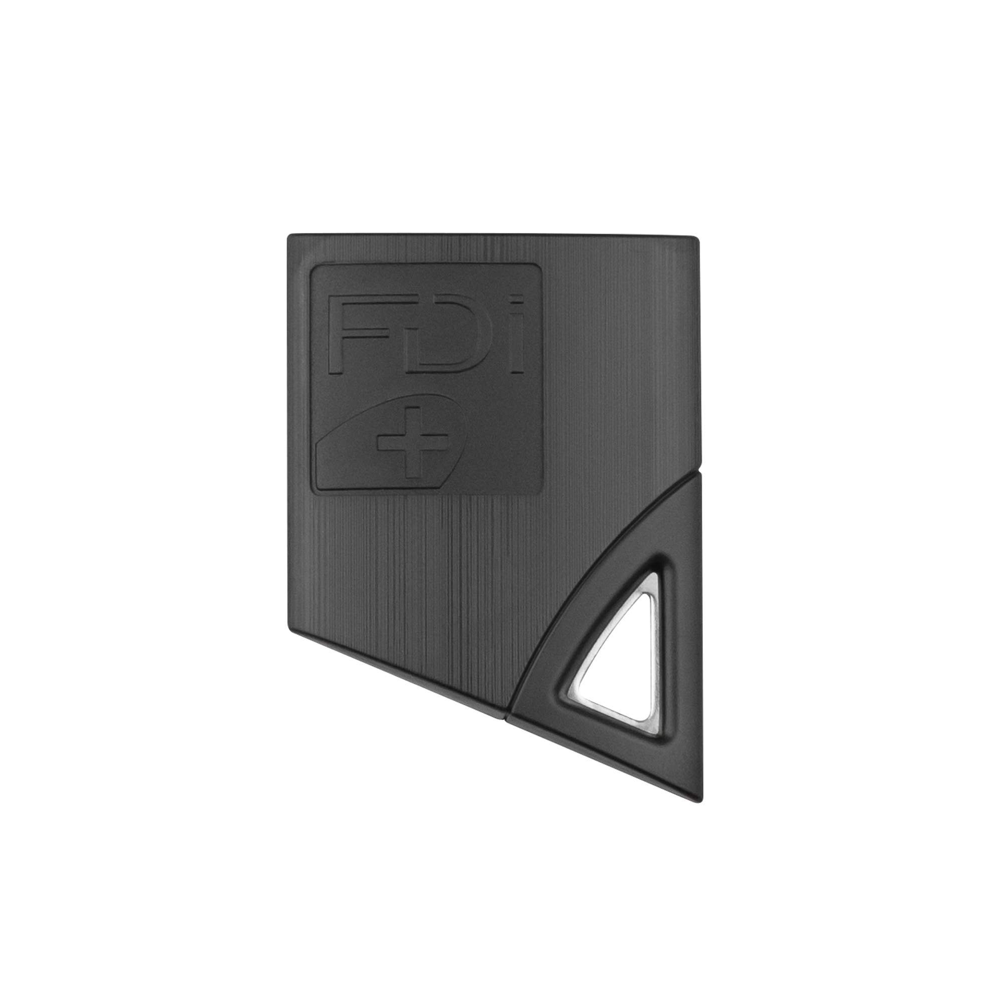 Schwarzer FDI-Näherungsschlüssel in kompakter, abgeschrägter Form mit eingeprägtem Logo und kleiner silberner Metallöse.