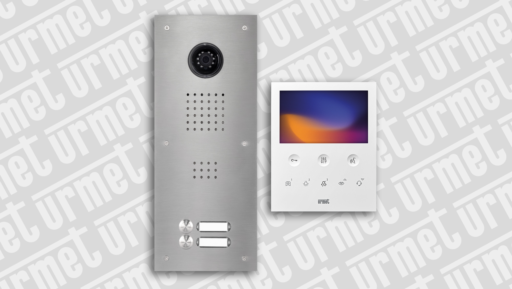 ROBUSTA-Video-Türsprechset mit ROBUSTA-Türstation mit Kamera, daneben ein VOG 5 Videomonitor