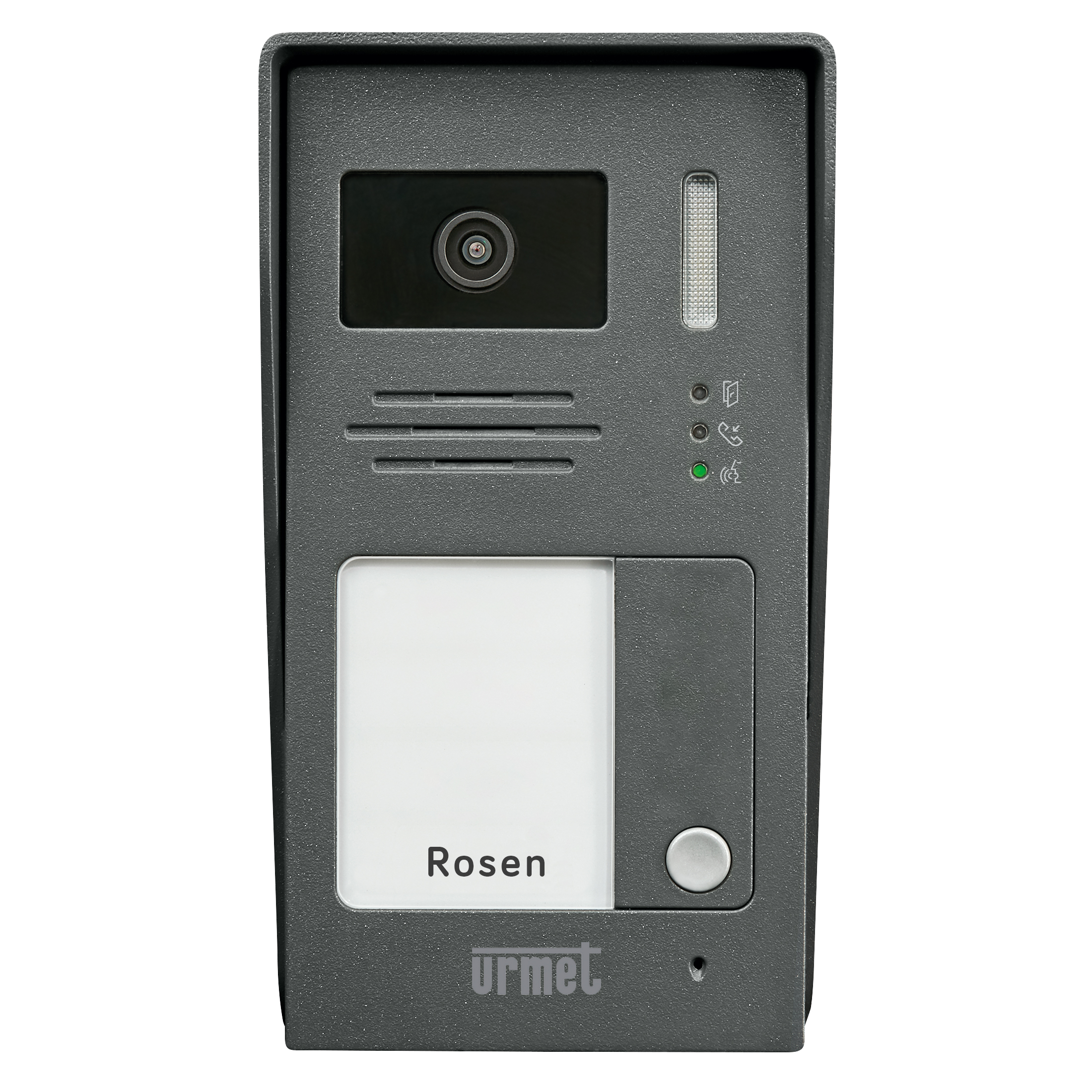 Anthrazitfarbene Türstation mit Kamera, LED-Beleuchtung, Namensschild „Rosen“ und Ruftaste, frontal fotografiert