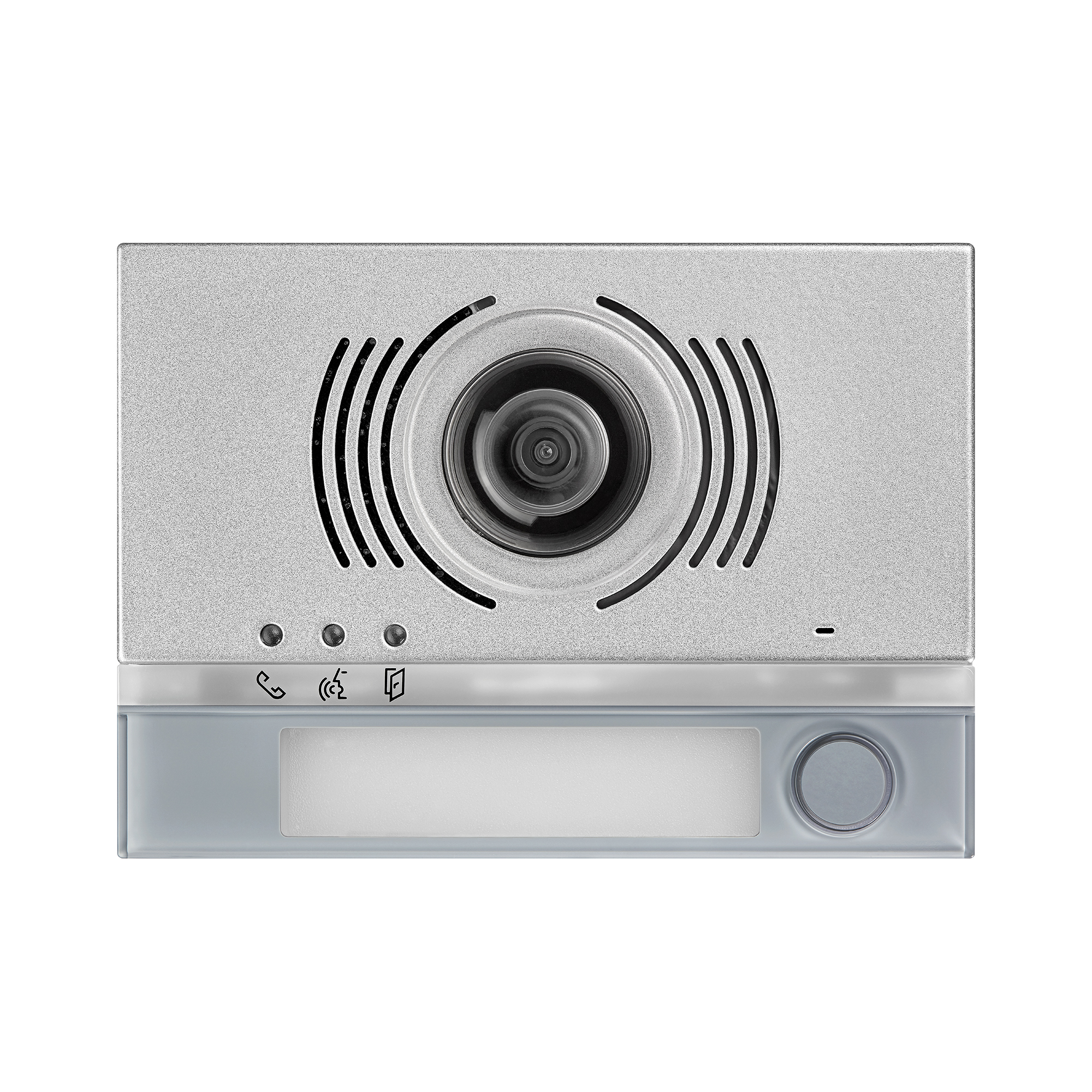 Video-Türlautsprecher mit Kamera, Lautsprecherschlitzen, drei Status-LEDs, grauem Namensschildfeld und rundem Klingeltaster.