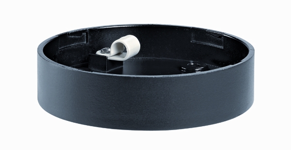 Rundes Basismodul mit flachem Gehäuse, integrierter Kabelklemme und Halteclips für Anschlussmontage