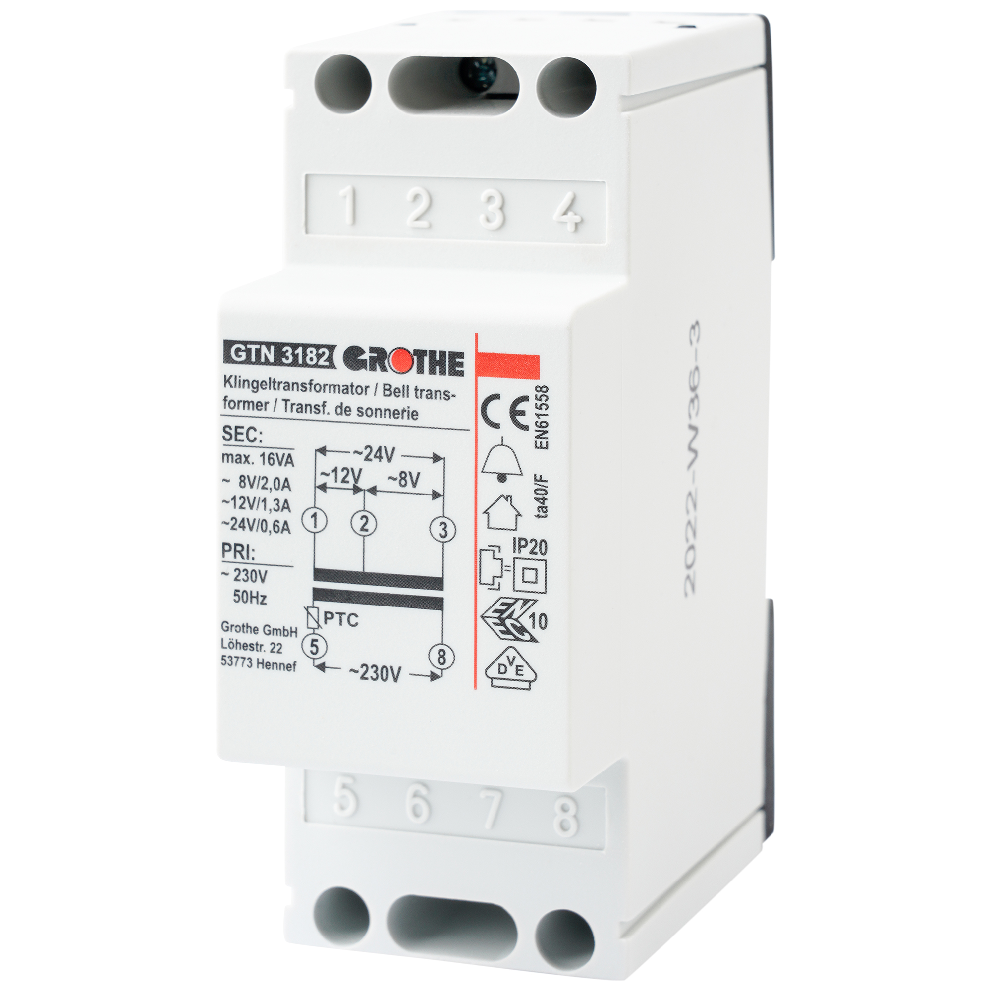 Sicherheitstransformator GTN 3182 von Grothe im Hutschienengehäuse mit Anschlussklemmen und Schaltbild in Schrägansicht