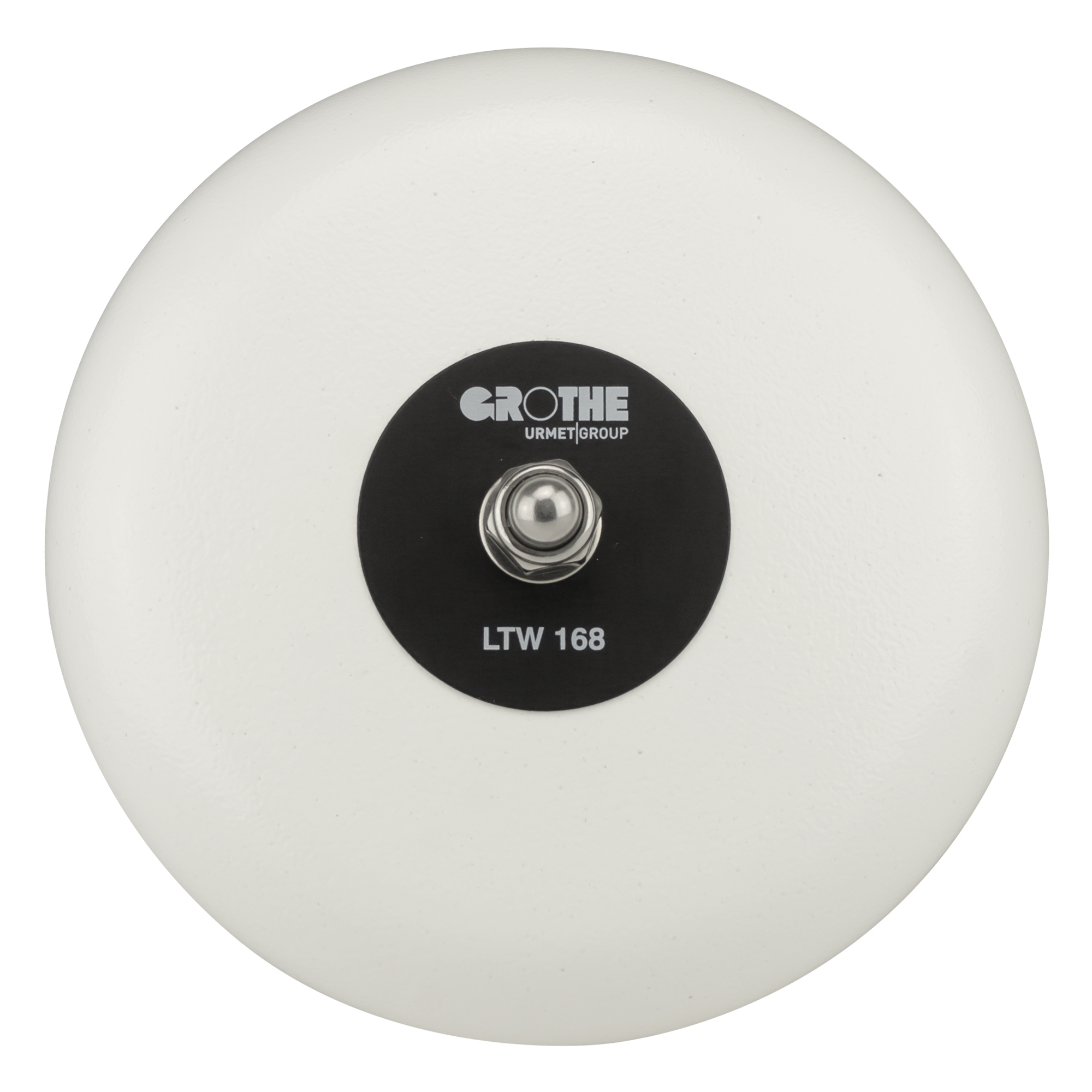 Rundes Großläutewerk in Weiß mit schwarzem Zentrum und zentraler Befestigungsmutter, Modell LTW 168