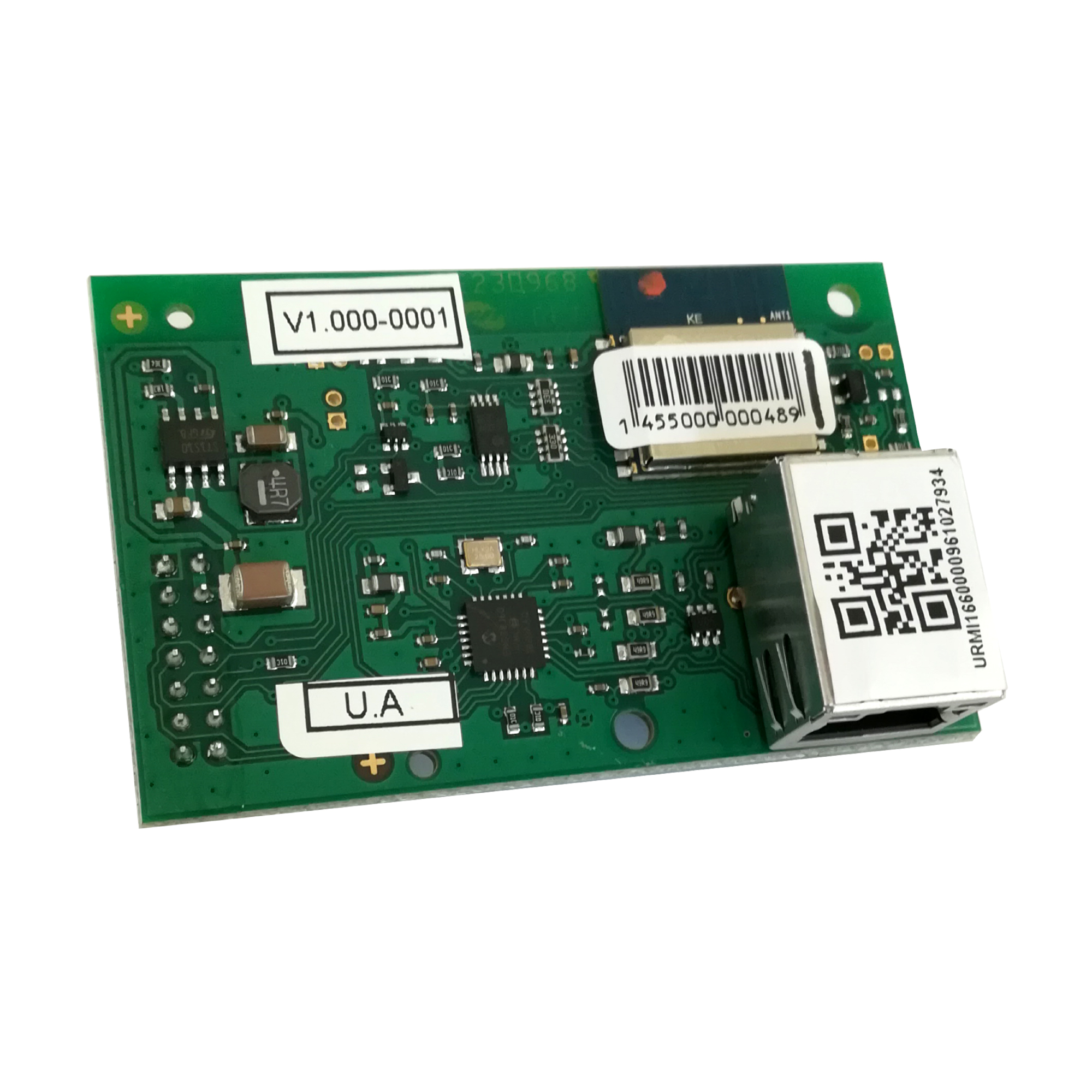 Grüne, recheckige Platine mit RJ-45 Anschluss. (IP-Modul)