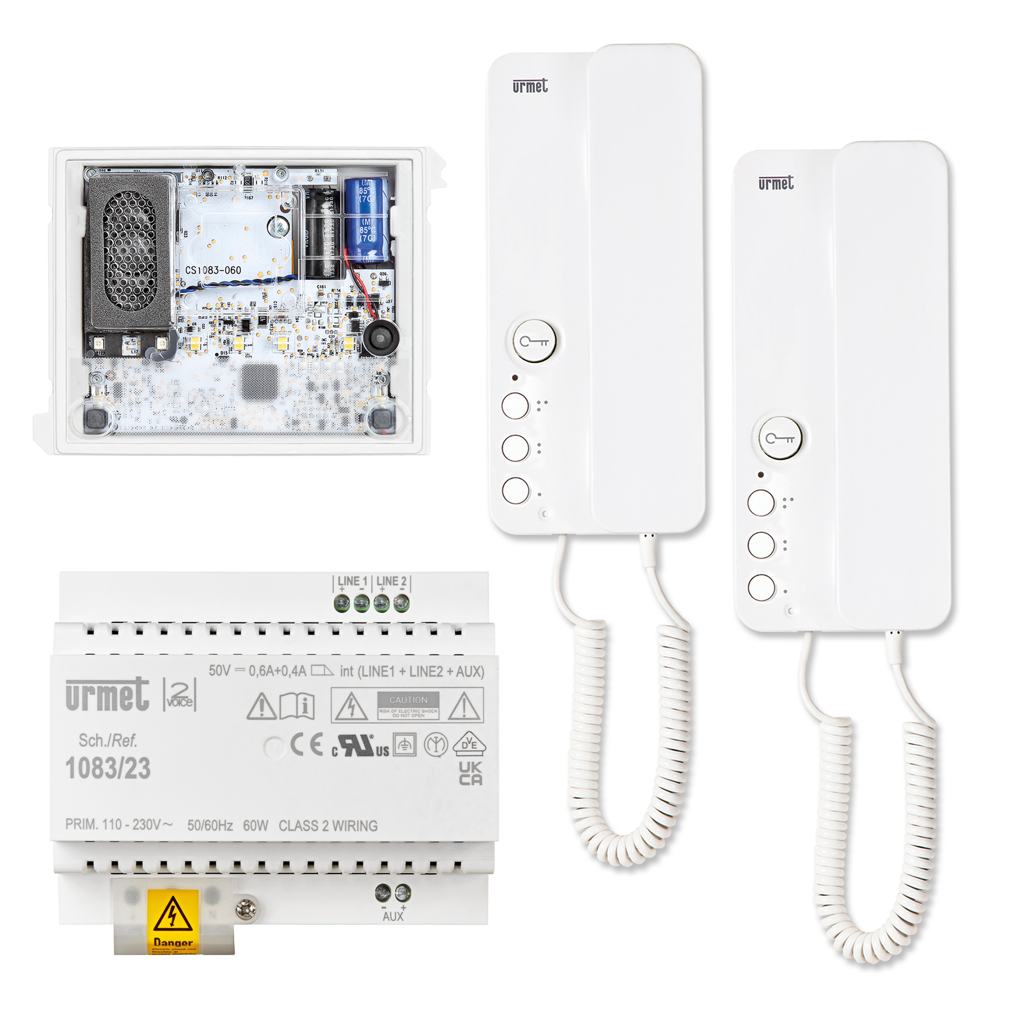 Audio-Türlautsprechermodul, Netzgerät und zwei weiße Türtelefone mit Hörer und Spiralkabel als Basis Set.