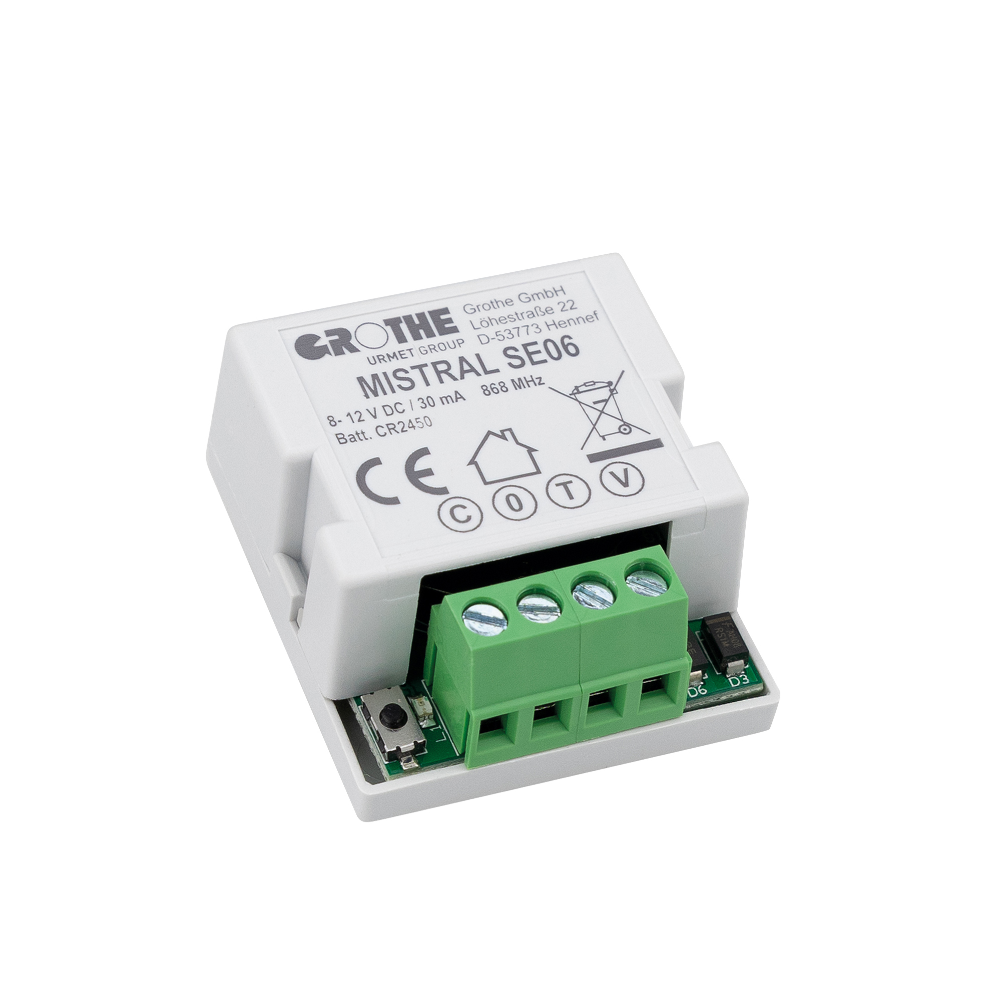 Einbau-Funksender Grothe MISTRAL SE06 mit grünem Anschlussblock und weißem Gehäuse, schräg fotografiert.