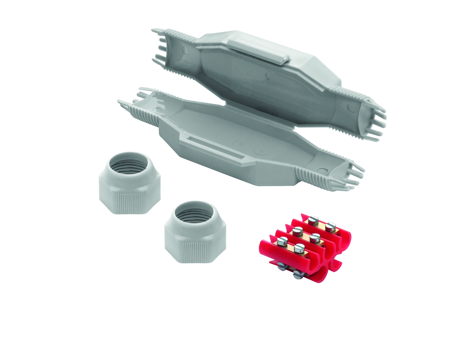 Graue Mikro-Verbindungsmuffe, daneben liegen eine Schraubklemme und Kabelverschraubungen