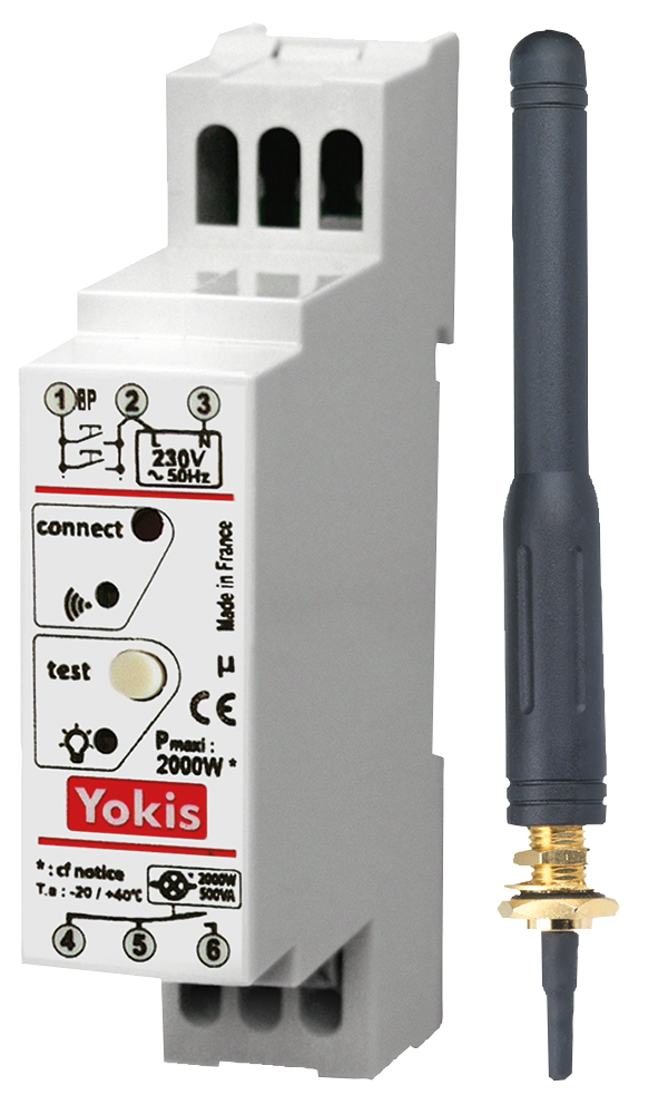Weißes Funk-Rollladenmodul für DIN-Schiene mit LED-Anzeige, Taster, Anschlussklemmen und externer Antenne rechts.