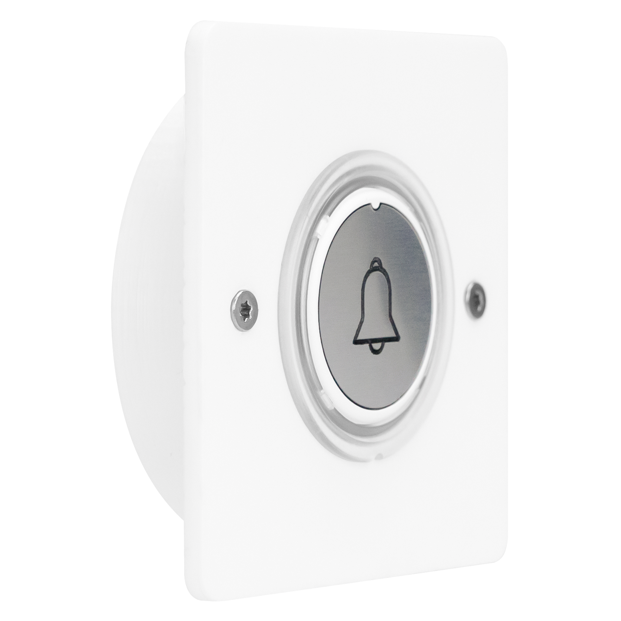 Eckiger Aufputz-Funksender mit silberner Glockentaste, weißer Abdeckung und zwei sichtbaren Schrauben, Frontalansicht.