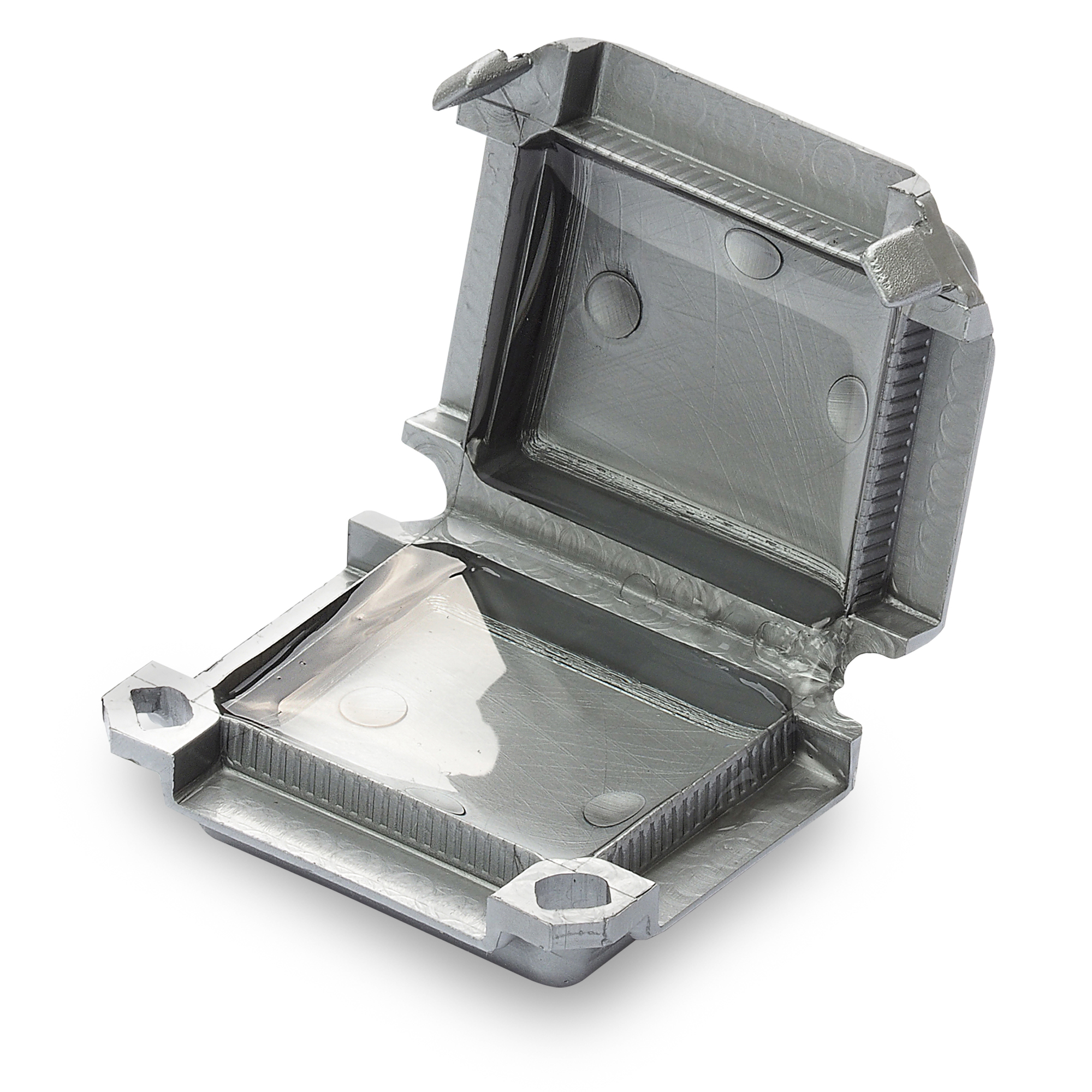 Zwei graue Mikro-Verbindungsmuffen, mit Gel gefüllt, halb geöffnet