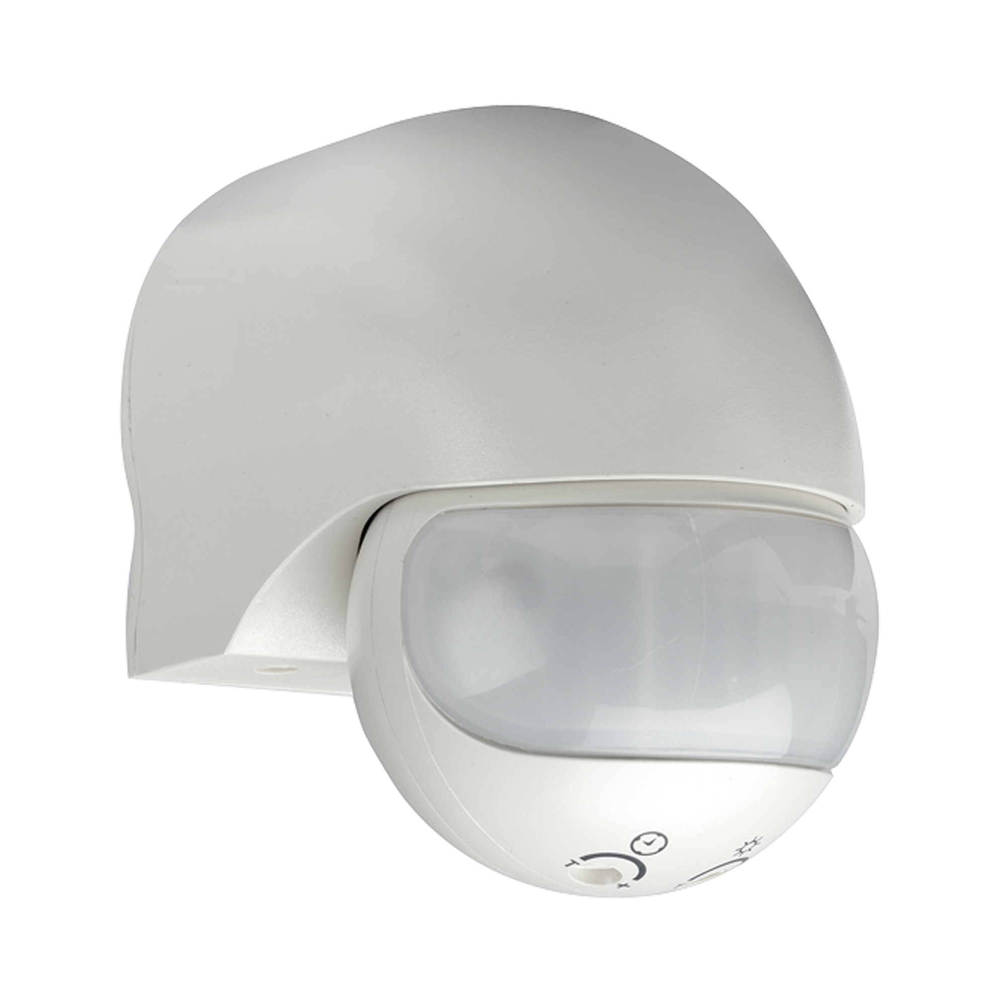 Weißer, rundlich geformter Bewegungsmelder für Wandmontage