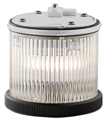 Zylindrisches Blinklicht mit geriffelter transparenter Abdeckung, schwarzem Sockel und grauem Anschlussgehäuse