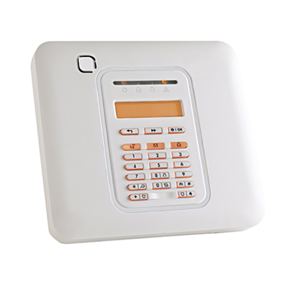 Weißes Bedienteil mit Display und Tastenfeld zur Steuerung einer Funk-Alarmanlage.
