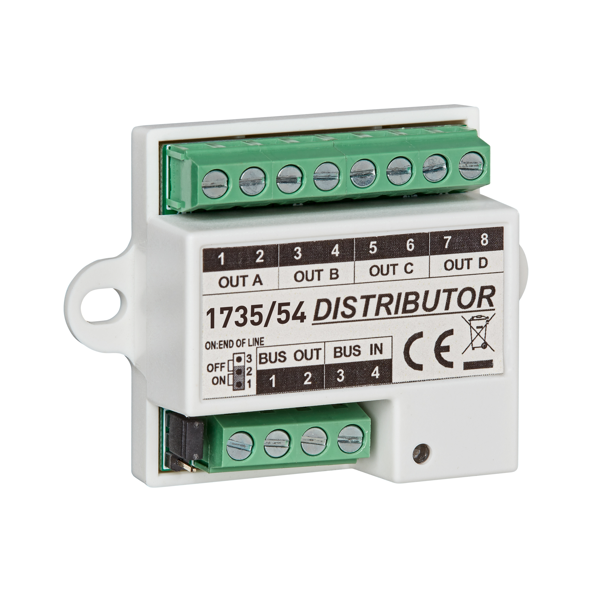 Video-Verteiler mit grünen Schraubklemmen, Aufschrift „1735/54 DISTRIBUTOR“, schräg von vorn fotografiert.
