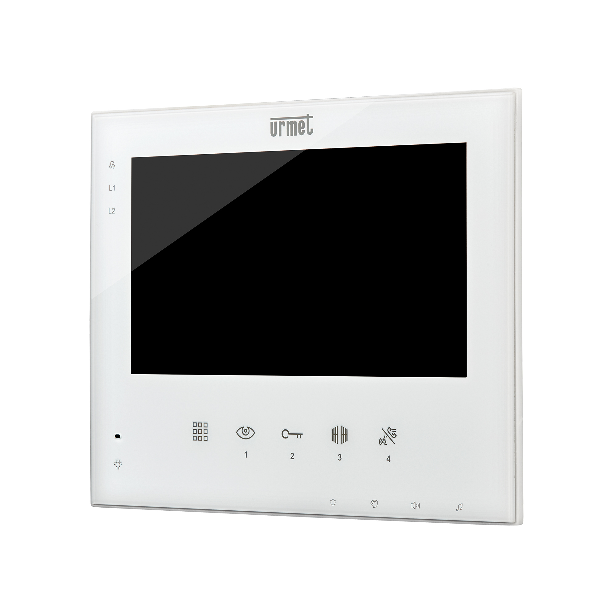 Weißer Videomonitor mit großem Display, Softtouch-Tasten und Urmet-Logo, frontal fotografiert.