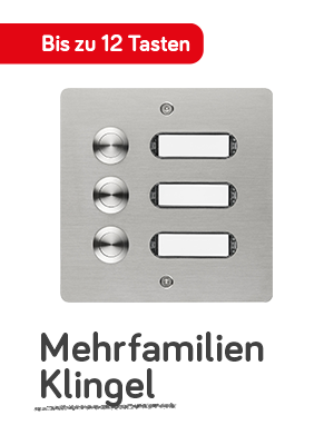 Edelstahl-Etagenplatte mit 3 Klingeltastern und Namensschildern; darüber steht "Bis zu 12 Tasten"; darunter steht "Mehrfamilien Klingel"