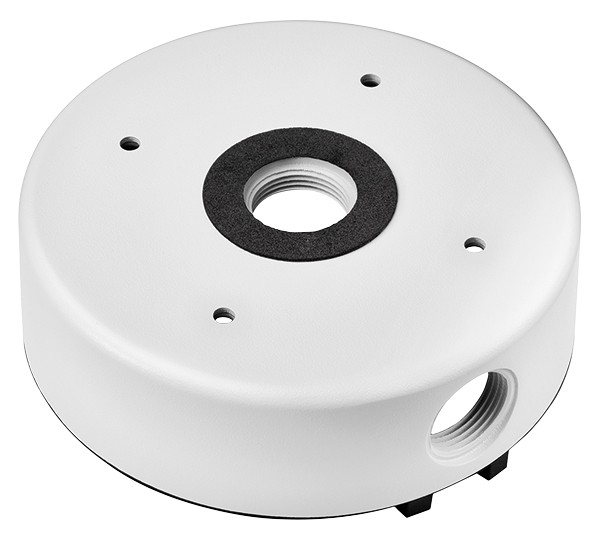 Runde, weiße Verteilerdose mit zentralem Gewindeanschluss und seitlicher Kabelöffnung